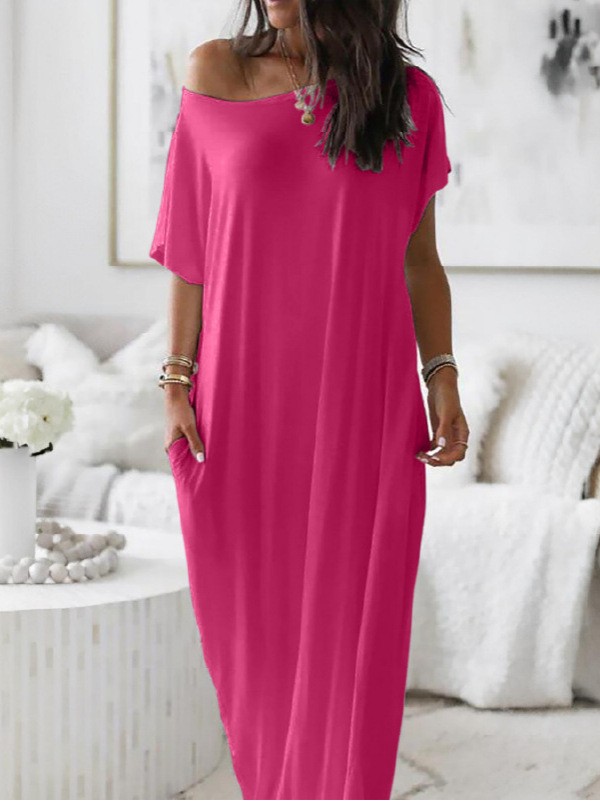 Women's Off-Shoulder Short Sleeve Casual Dress with Pockets