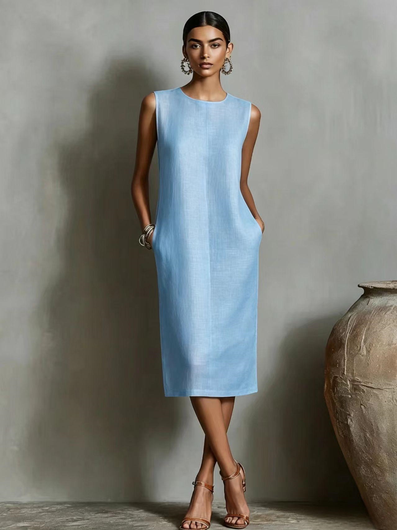 Sleeveless Round Neck Side Pocket A-Line Midi Dress