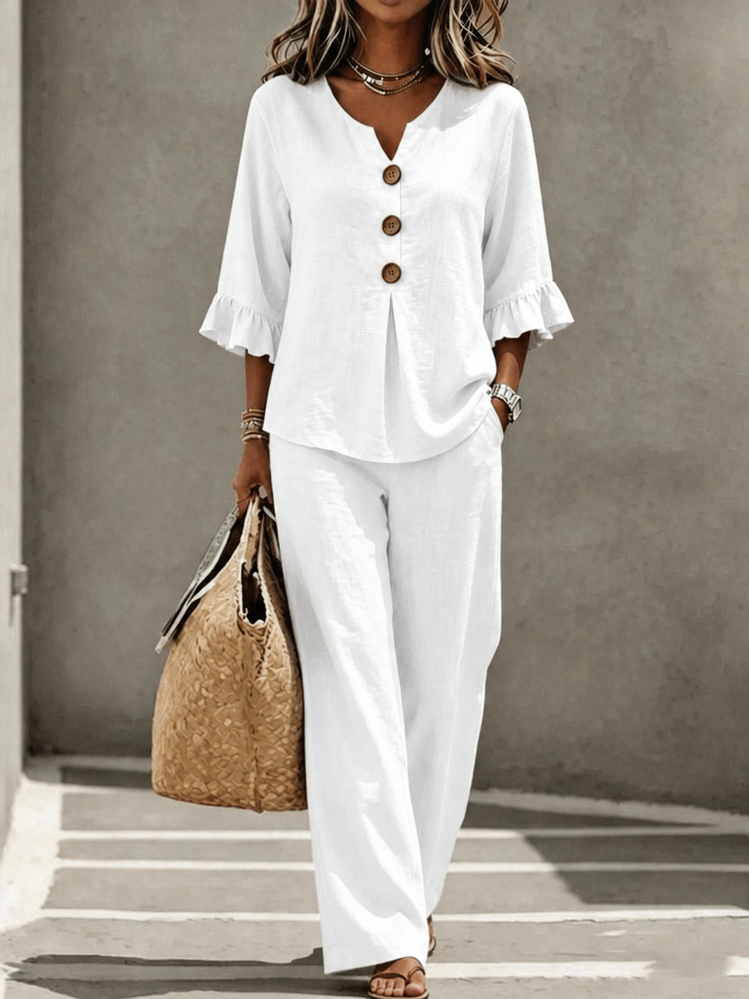 Women's Casual Button V-Neck Ruffle 3/4 Sleeve Top and Pants Two-Piece Set