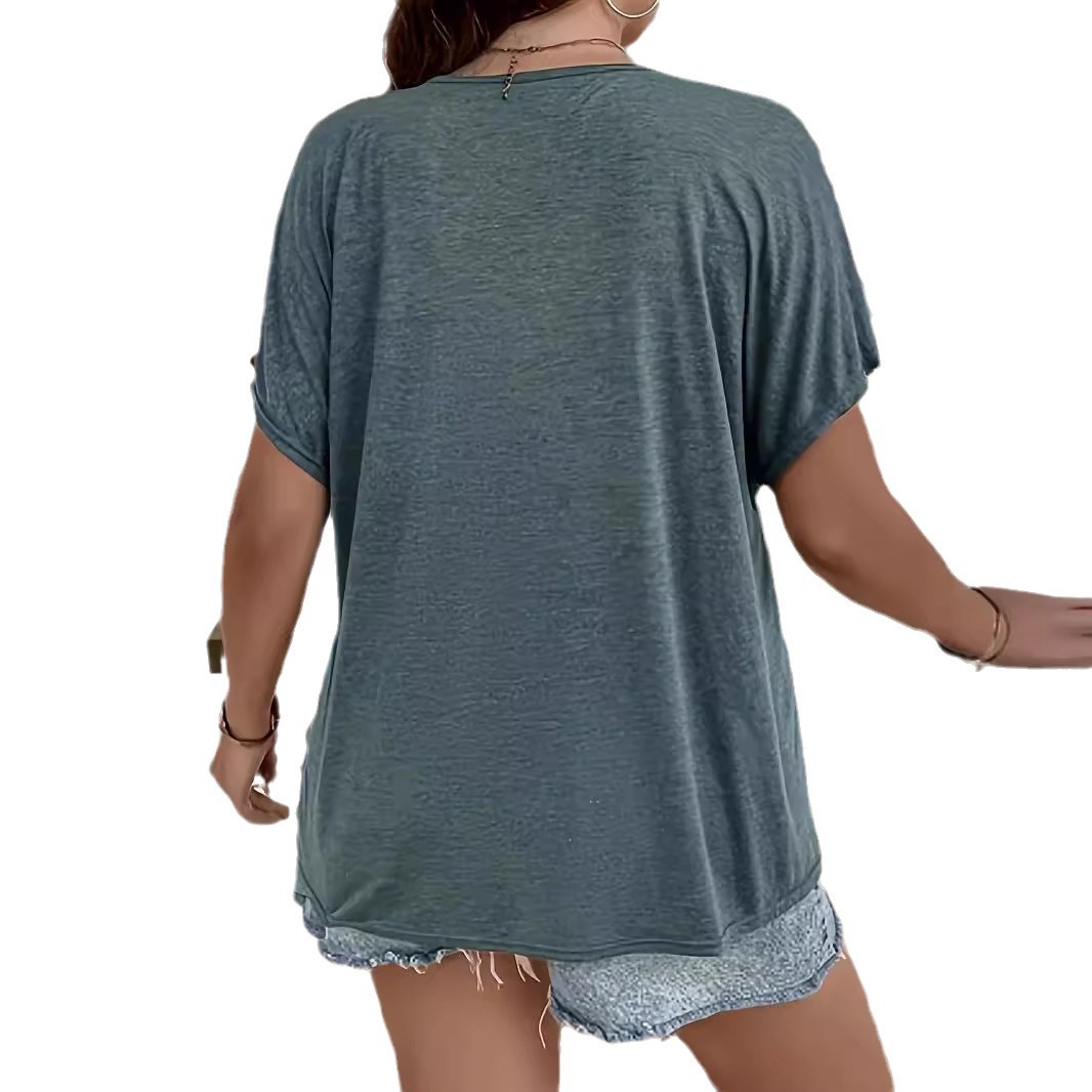 Women's Loose Hollow-Out Lace Spliced Solid V-Neck Short-Sleeve Top