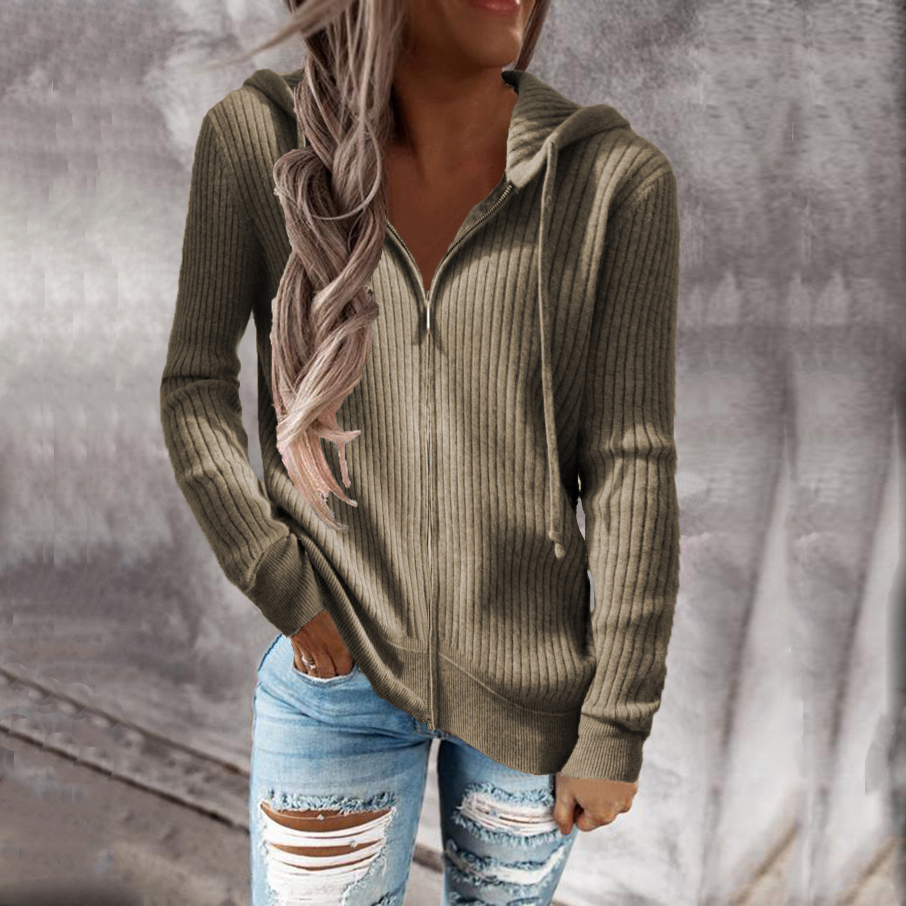 Women's Striped Hooded Zip-Up Knit Cardigan Sweatshirt