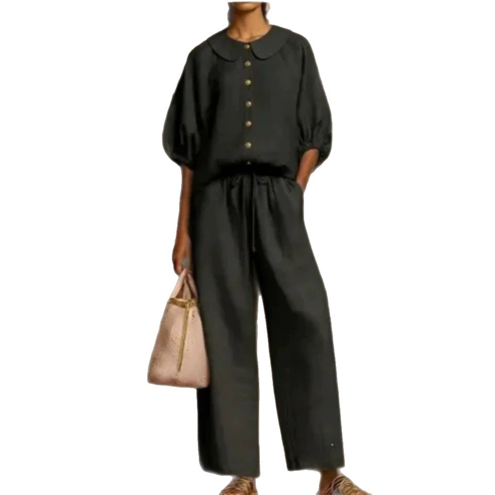Women's Linen-Blend Collared Shirt and Wide-Leg Pants Set Casual Two-Piece