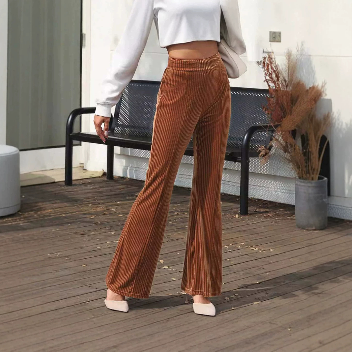 Women's High-Waist Corduroy Flare Pants Solid Color Wide-Leg Casual