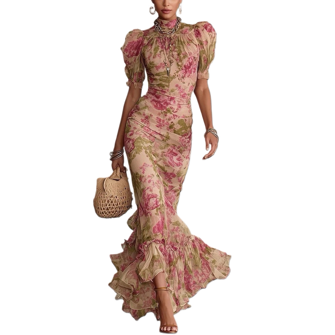 Sexy Mesh Print Mermaid Dress Off-Shoulder Short Sleeve