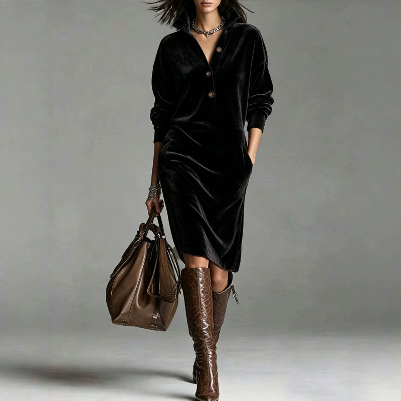 Elegant Western Velvet Button Pocket Dress