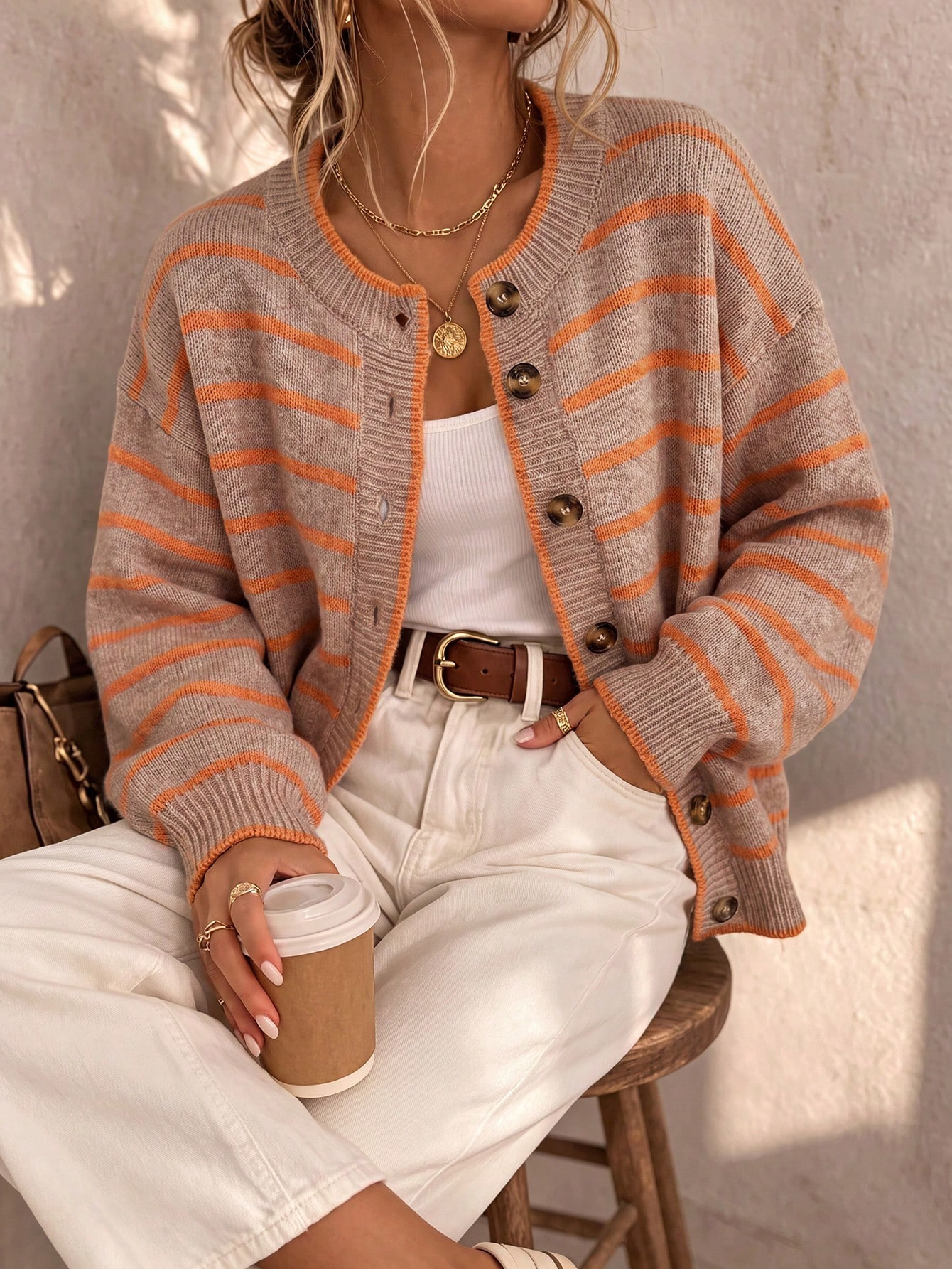 Striped Knit Cardigan Sweater Coat Colorblock Loose Fit
