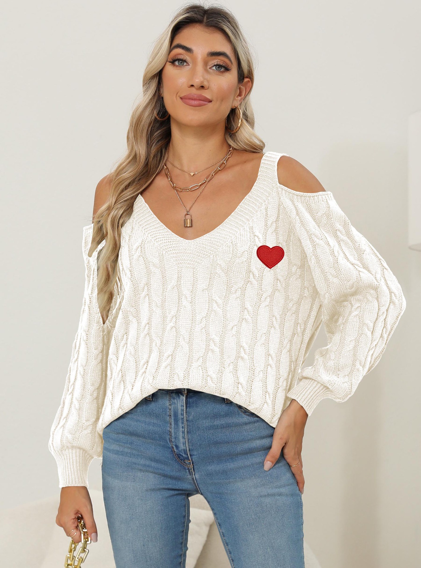 Women's Deep V Off-Shoulder Loose Knit Sweater