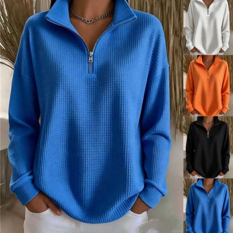 Women's Waffle Knit Half-Zip Hoodie Loose Fit Solid Color Top