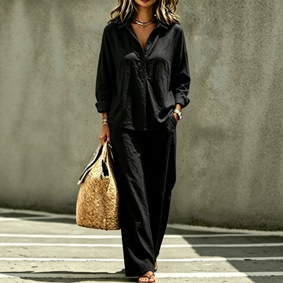 Women's French Casual Half-Button Long-Sleeve Shirt & Wide-Leg Pants Set