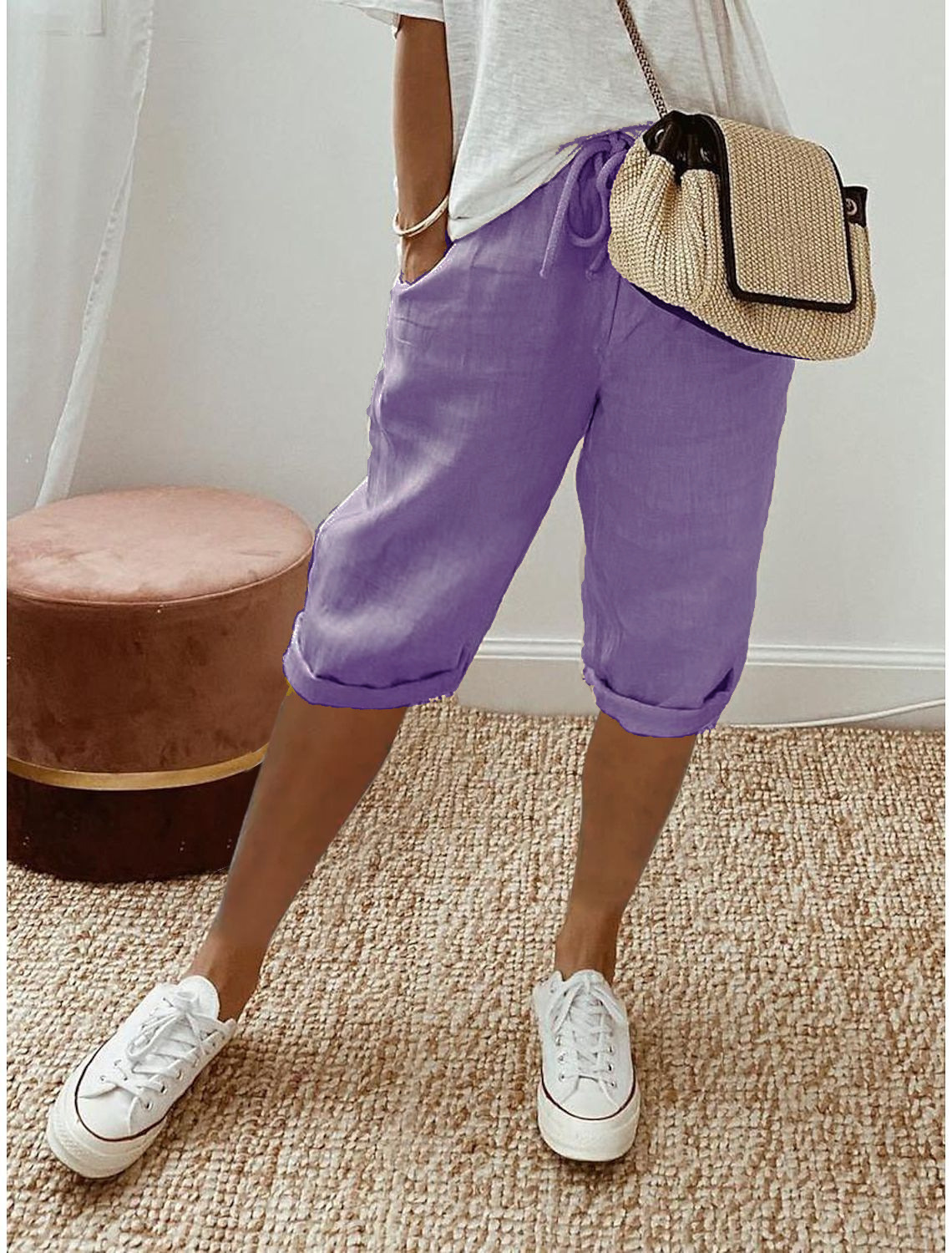 Women's Cotton-Linen Elastic Waist Casual Shorts with Pockets