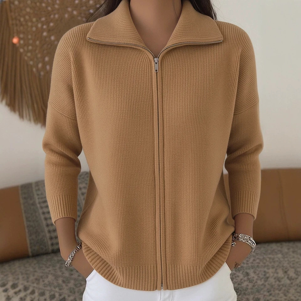 Women's Zip-Up Knit Cardigan Sweater with Collar, Solid Color Casual