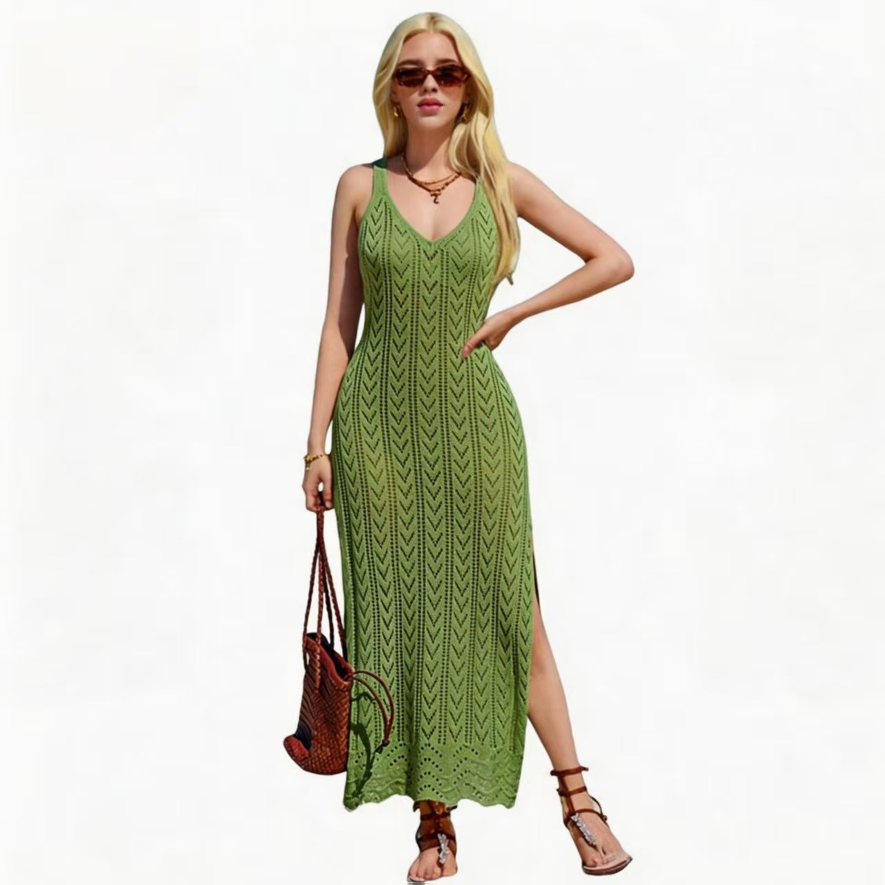 V-Neck Sleeveless Openwork Knit Cami Dress with High Slit