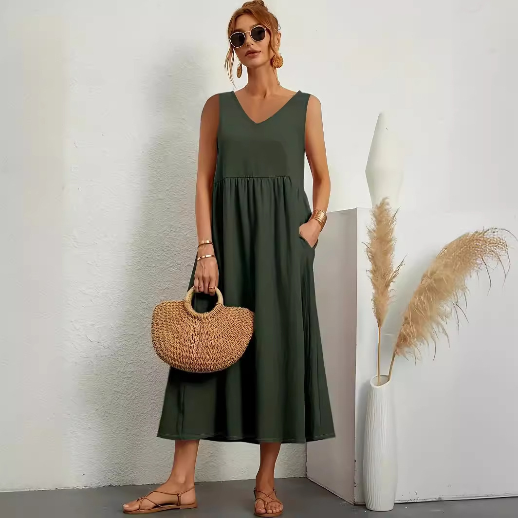 Women's Solid Sleeveless V-Neck Pocket Loose A-Line Dress