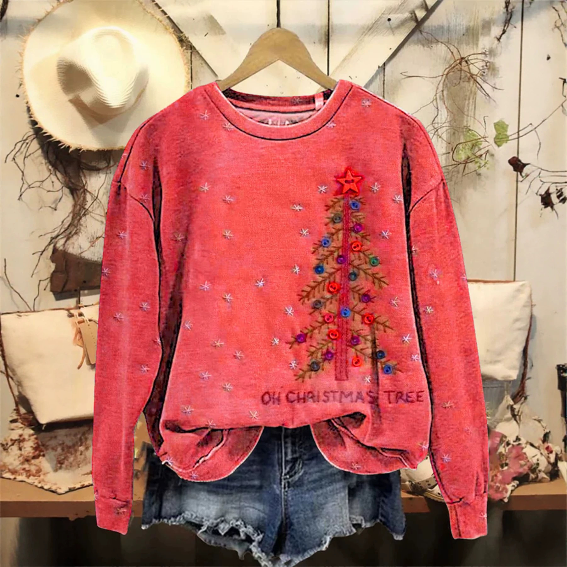 Christmas Tree Print Crewneck Long Sleeve Pullover Sweatshirt