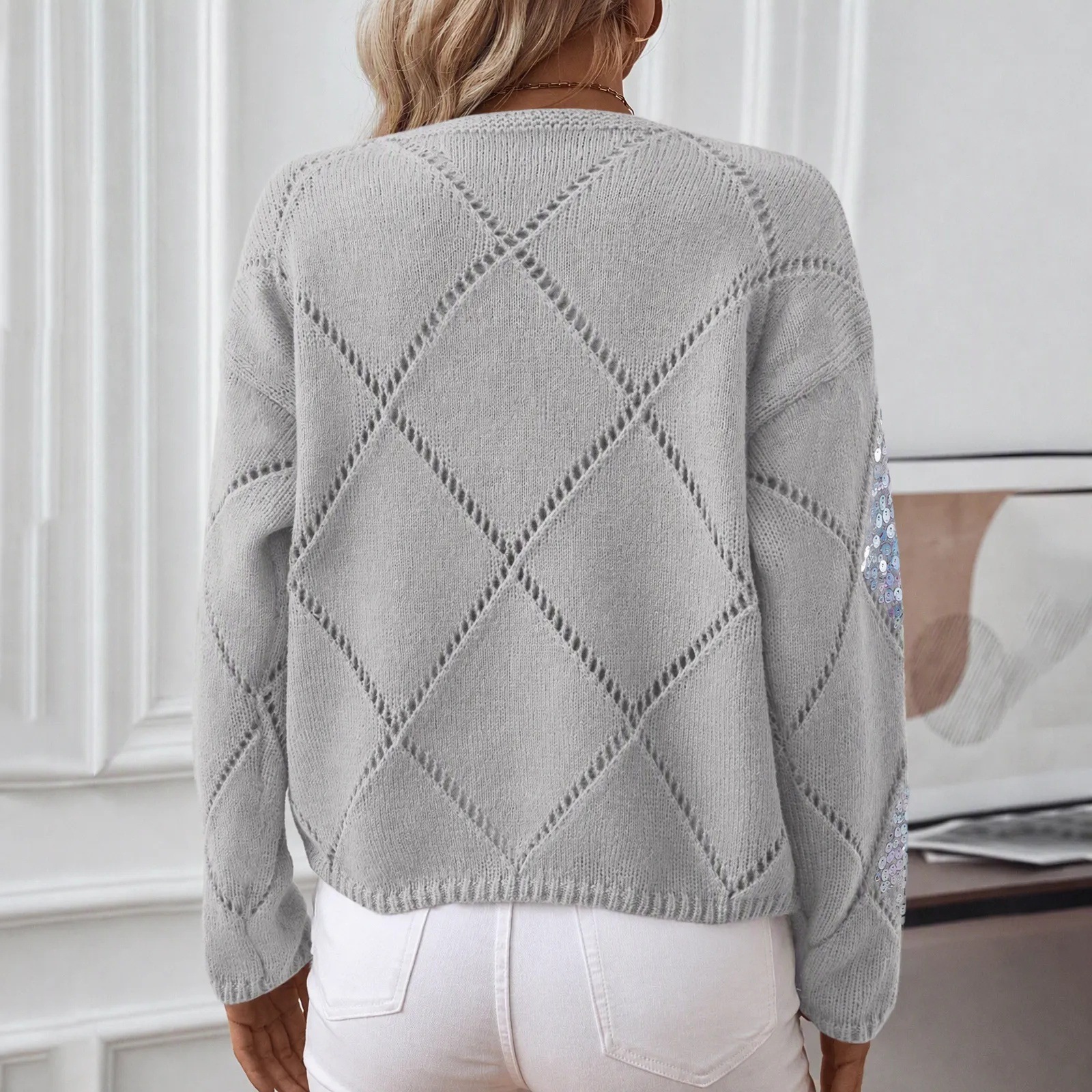 Openwork Sequin Knit Sweater Women's Solid Diamond V-Neck Loose Pullover