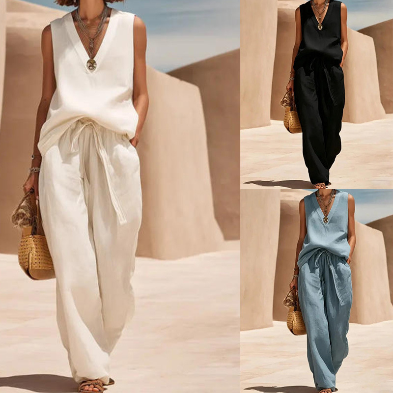 Women's Sleeveless Linen-Blend Tank Top and Wide-Leg Pants Set