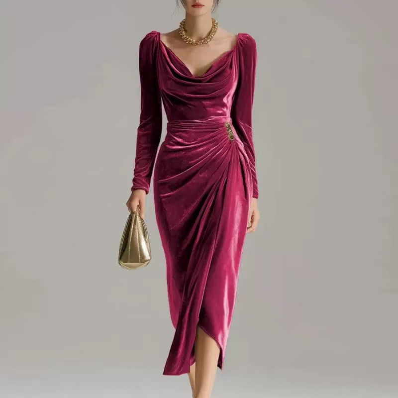 V-Neck Off-Shoulder Slit Midi Velvet Dress