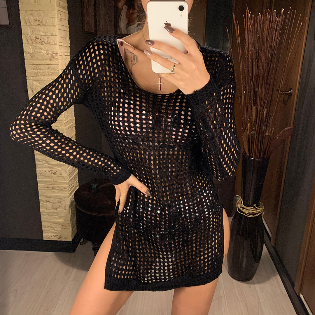 Open-Knit Long-Sleeve Sweater Bikini Cover-Up