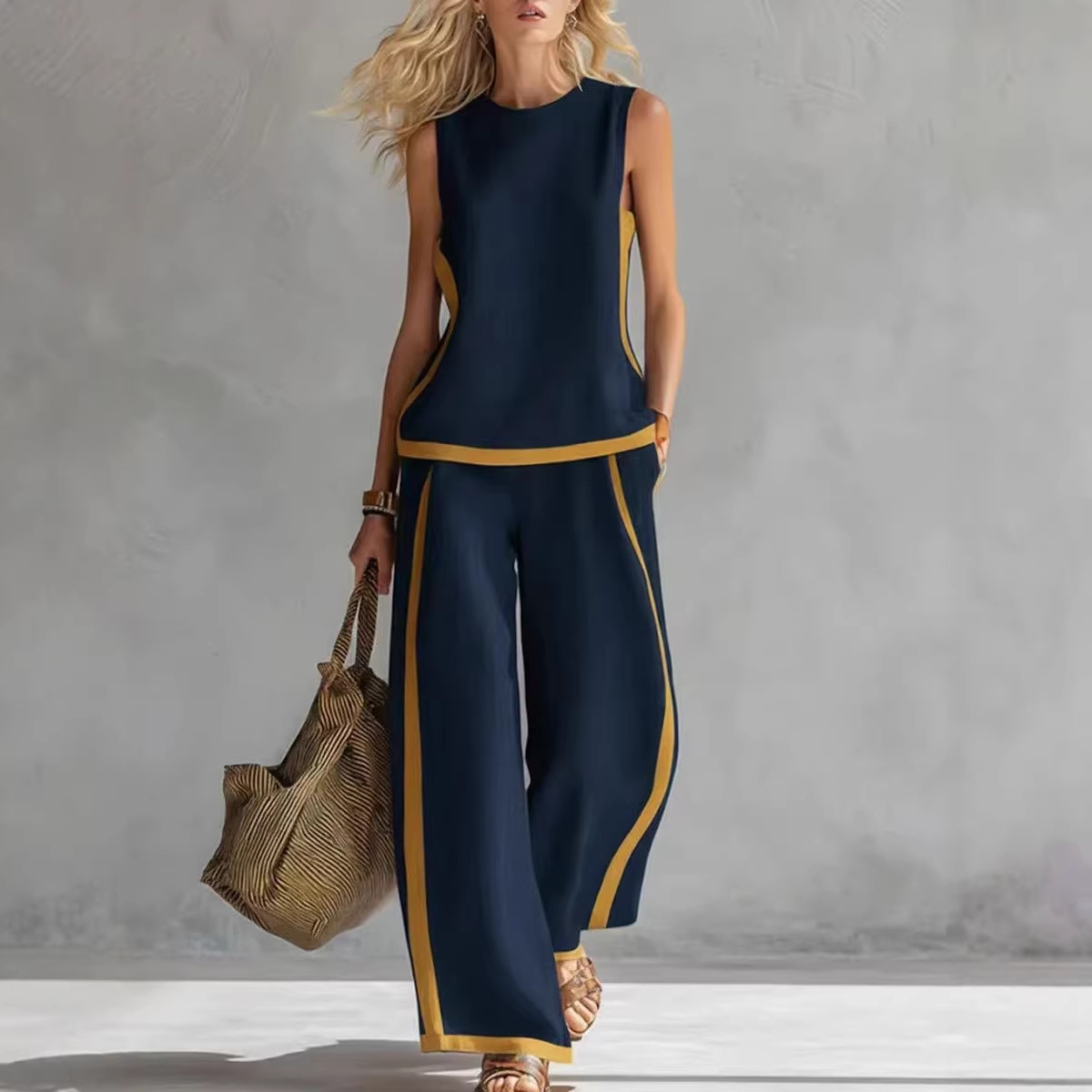 Women's Sleeveless Color-Block Wide-Leg Pant Set Casual Two-Piece