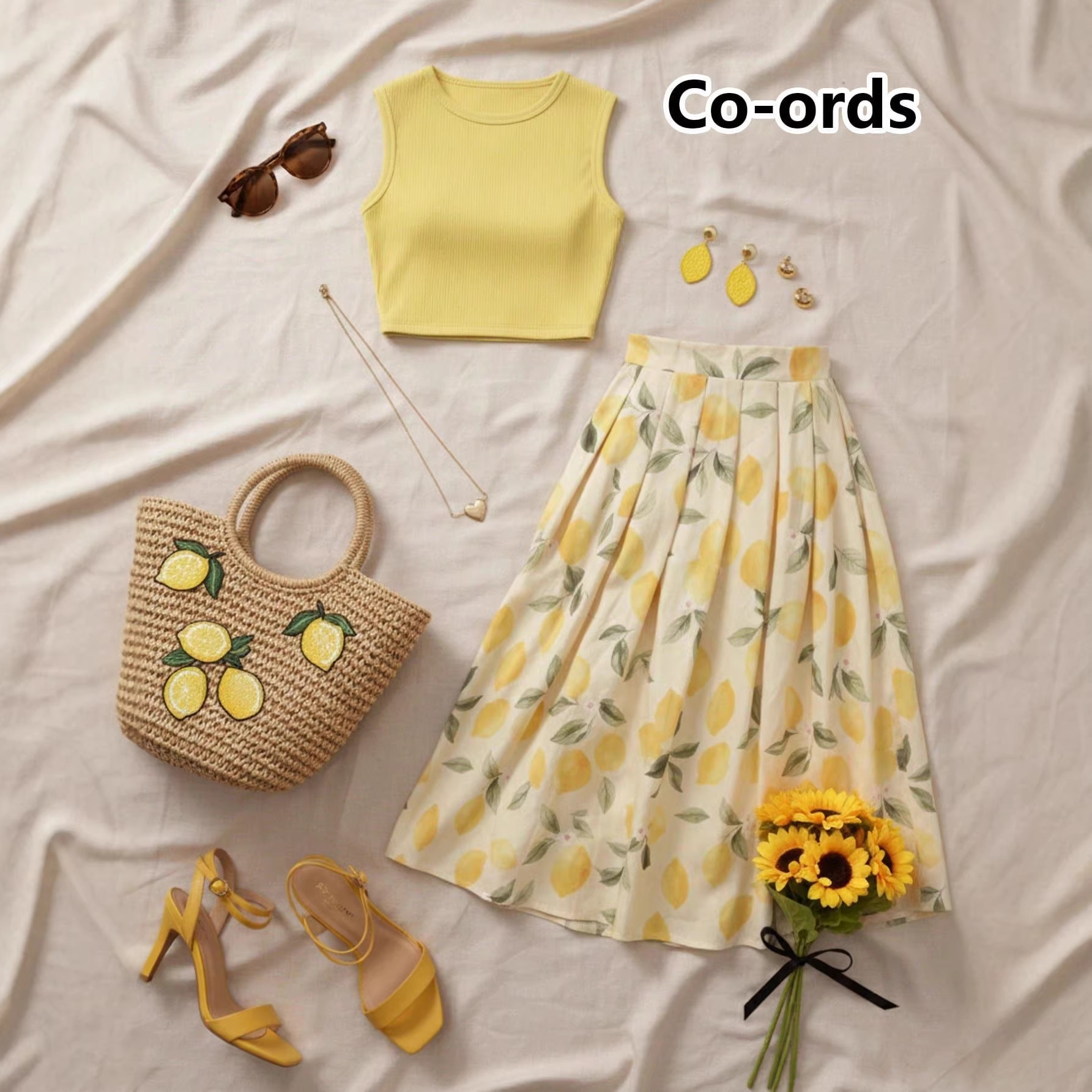 Lemon Print Sleeveless Tank Top and High-Waist Flared Midi Skirt Set