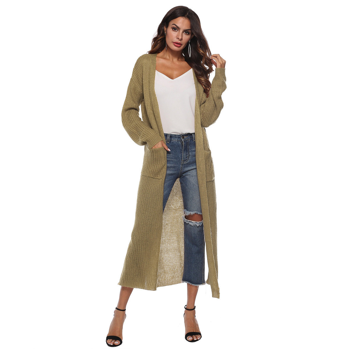 Mohair Cardigan Women's Long Open Front Split Pocket Sweater Coat