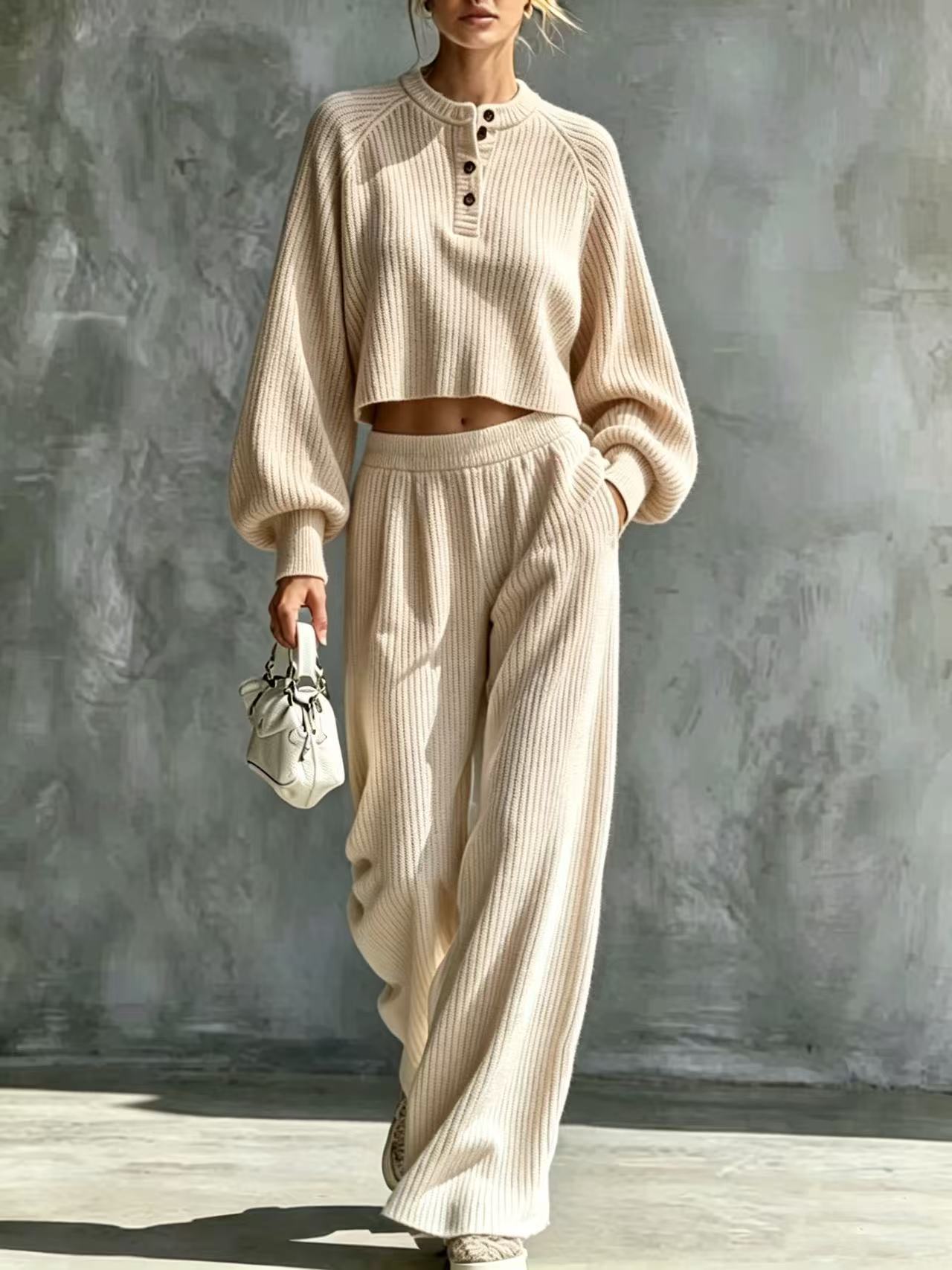 Women's Solid Color Knit Button-Down Loose Two-Piece Set