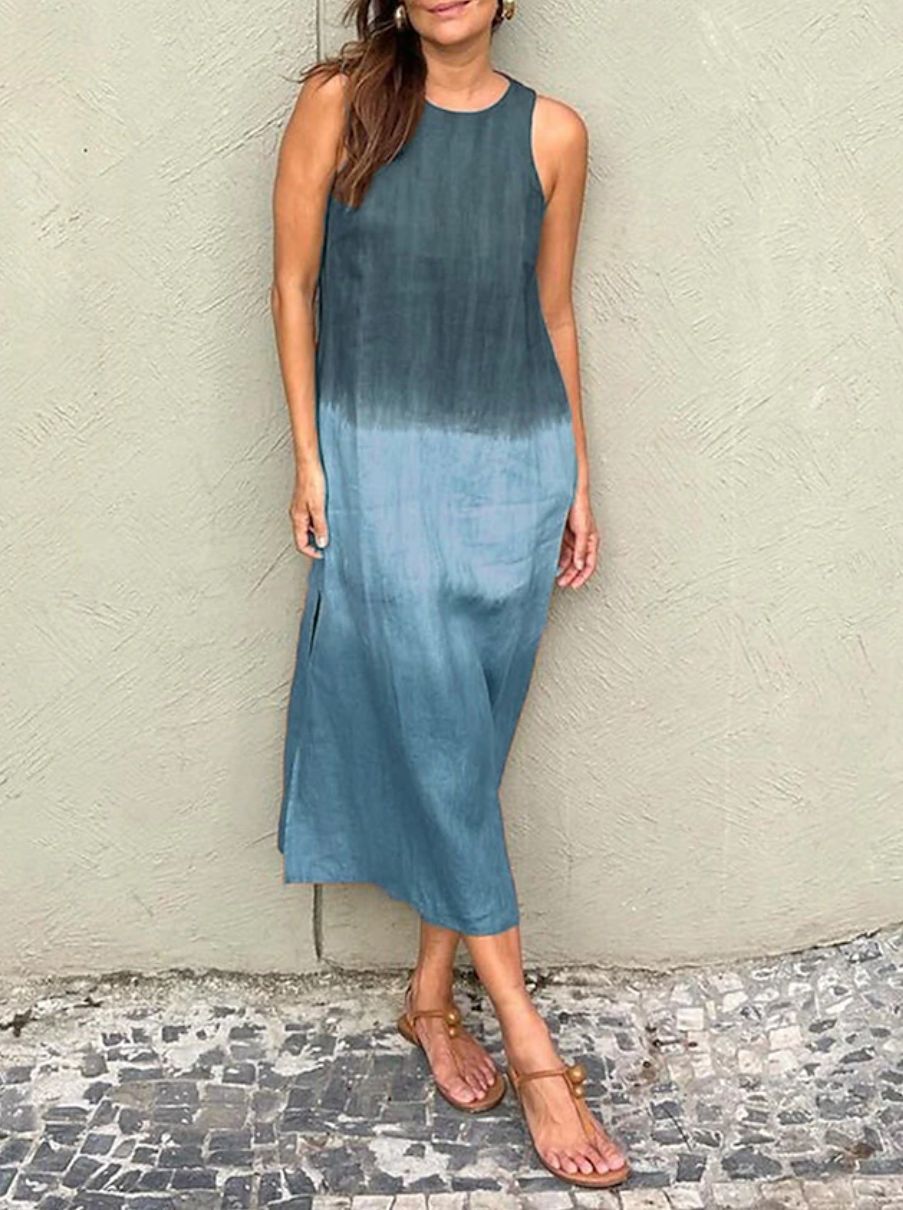 Women's Sleeveless Colorblock Print Round Neck Loose Dress