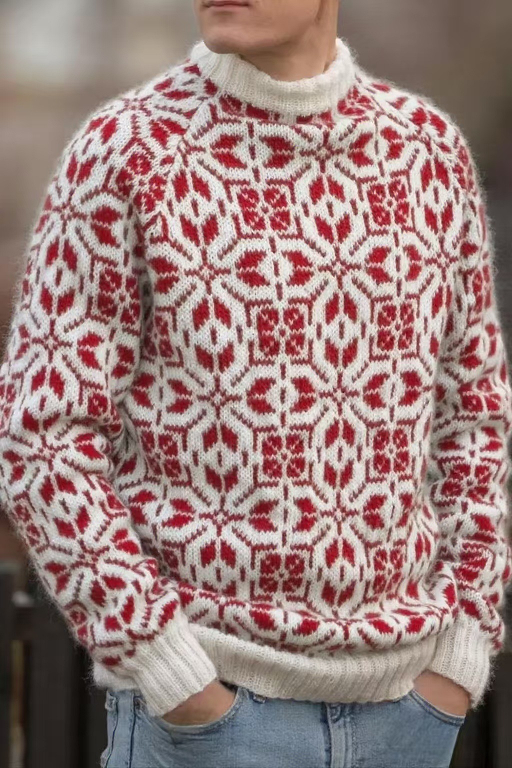 Retro Floral Jacquard Crewneck Pullover Sweater