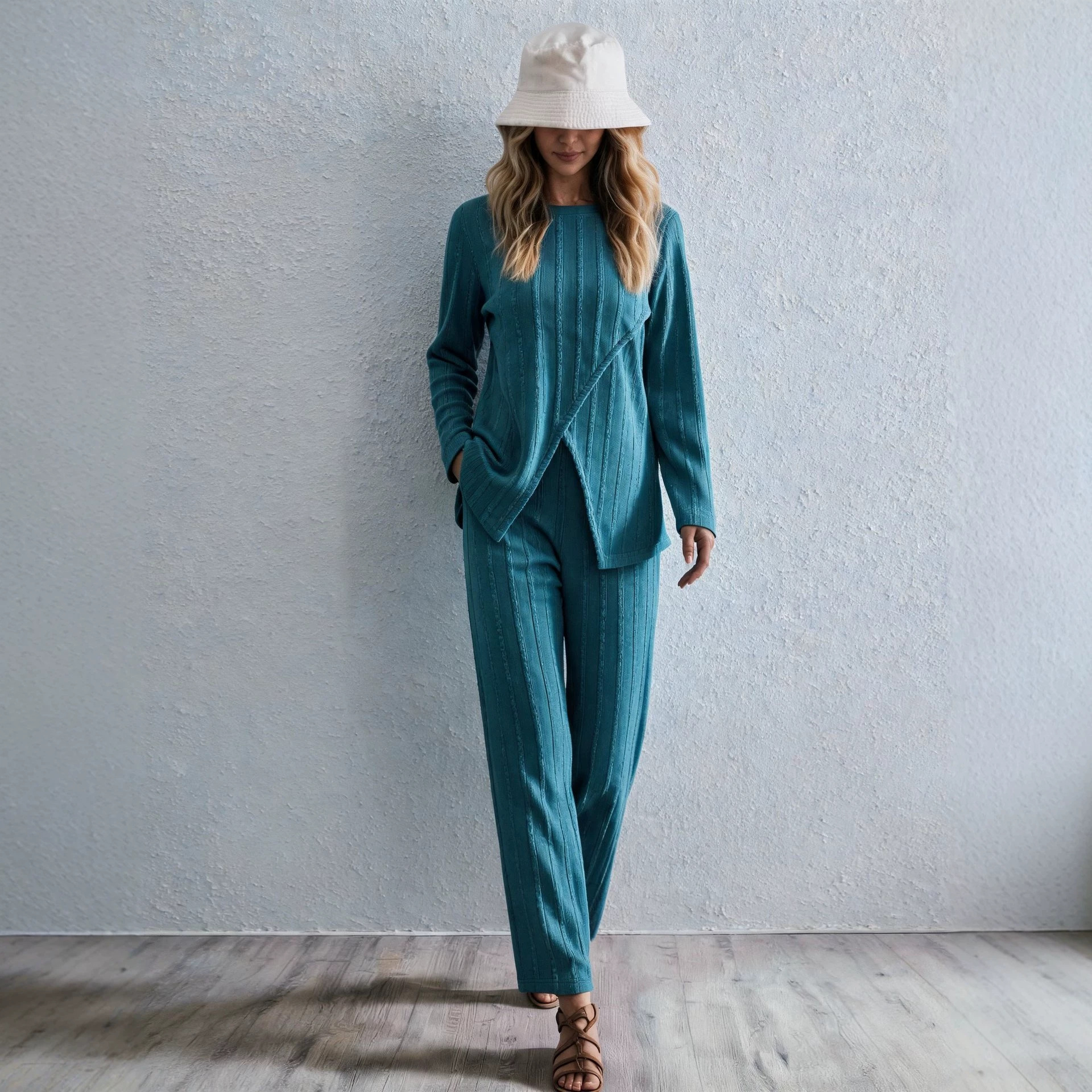 Women's Ribbed Cross-Front Long Sleeve Top & Wide-Leg Pants Set