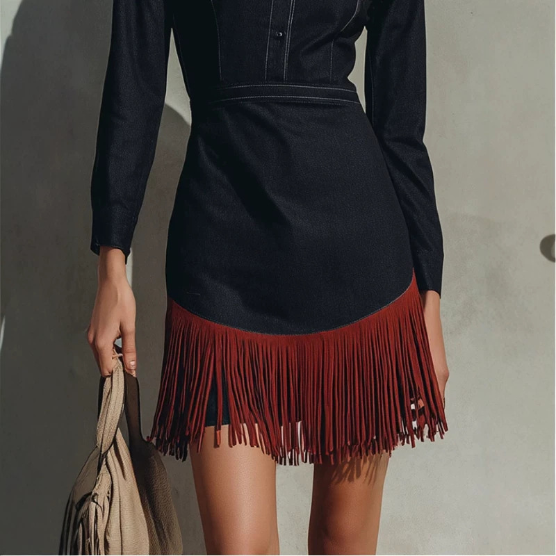 Western Fringe Denim Dress with Shirt Collar and High Waist