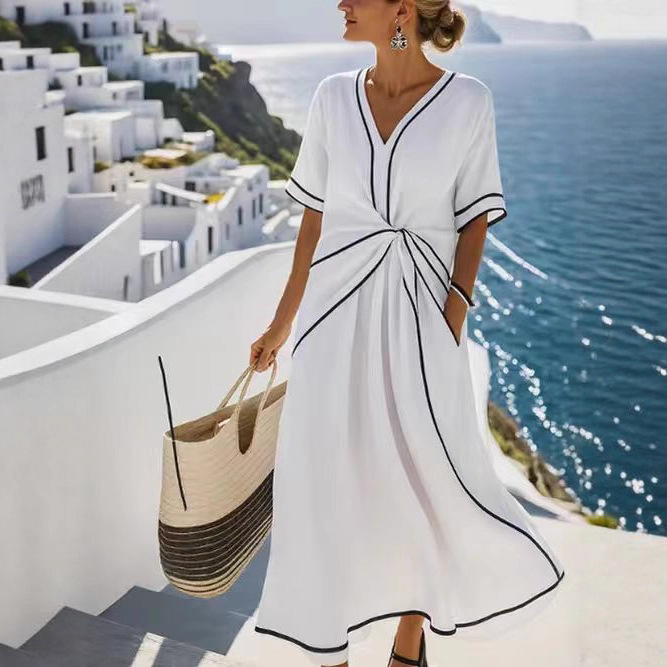 Bohemian V-Neck Short Sleeve Long Dress