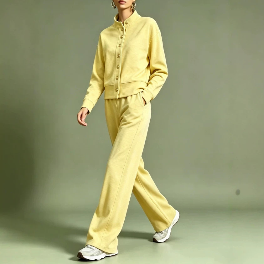 Women's Solid Color Stand Collar Cardigan Hoodie & Wide-Leg Pants Set
