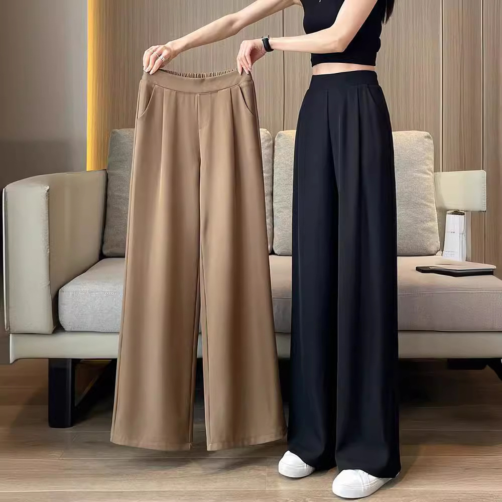 Women's High-Waist Wide-Leg Suit Pants with Drape, Lightweight Straight-Leg Casual Trousers