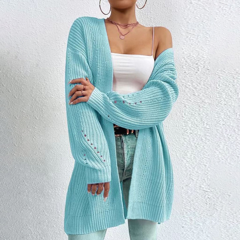 Women's Mid-Length Knit Cardigan Lightweight Open Front Long Sleeve Solid Color