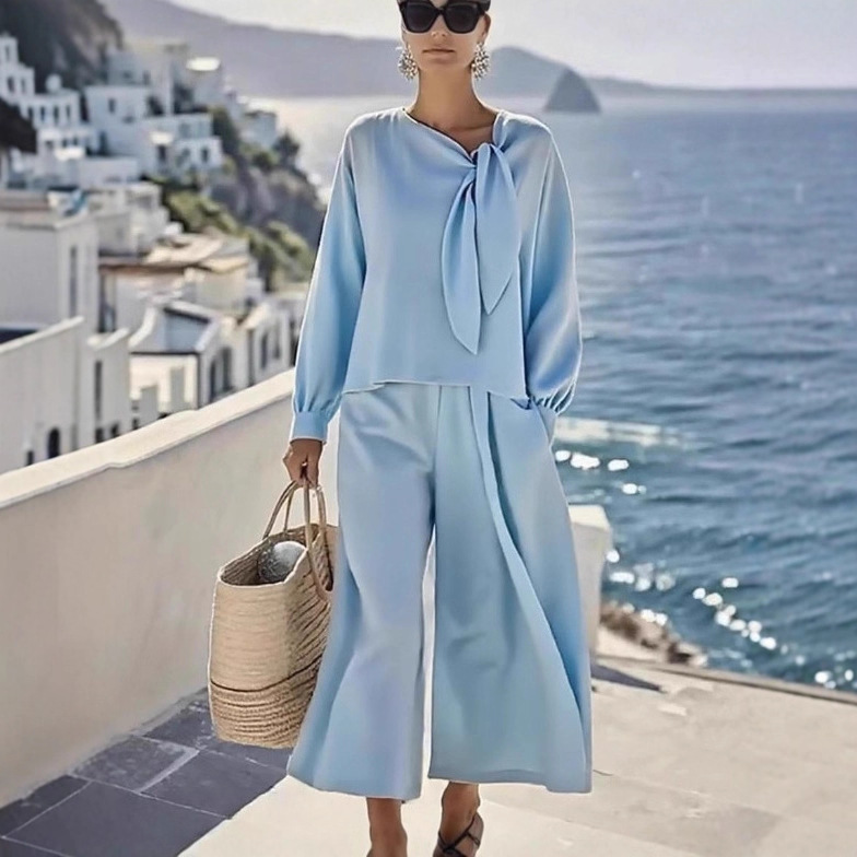 Women's Solid Color Long Sleeve Top and Pants Two-Piece Set