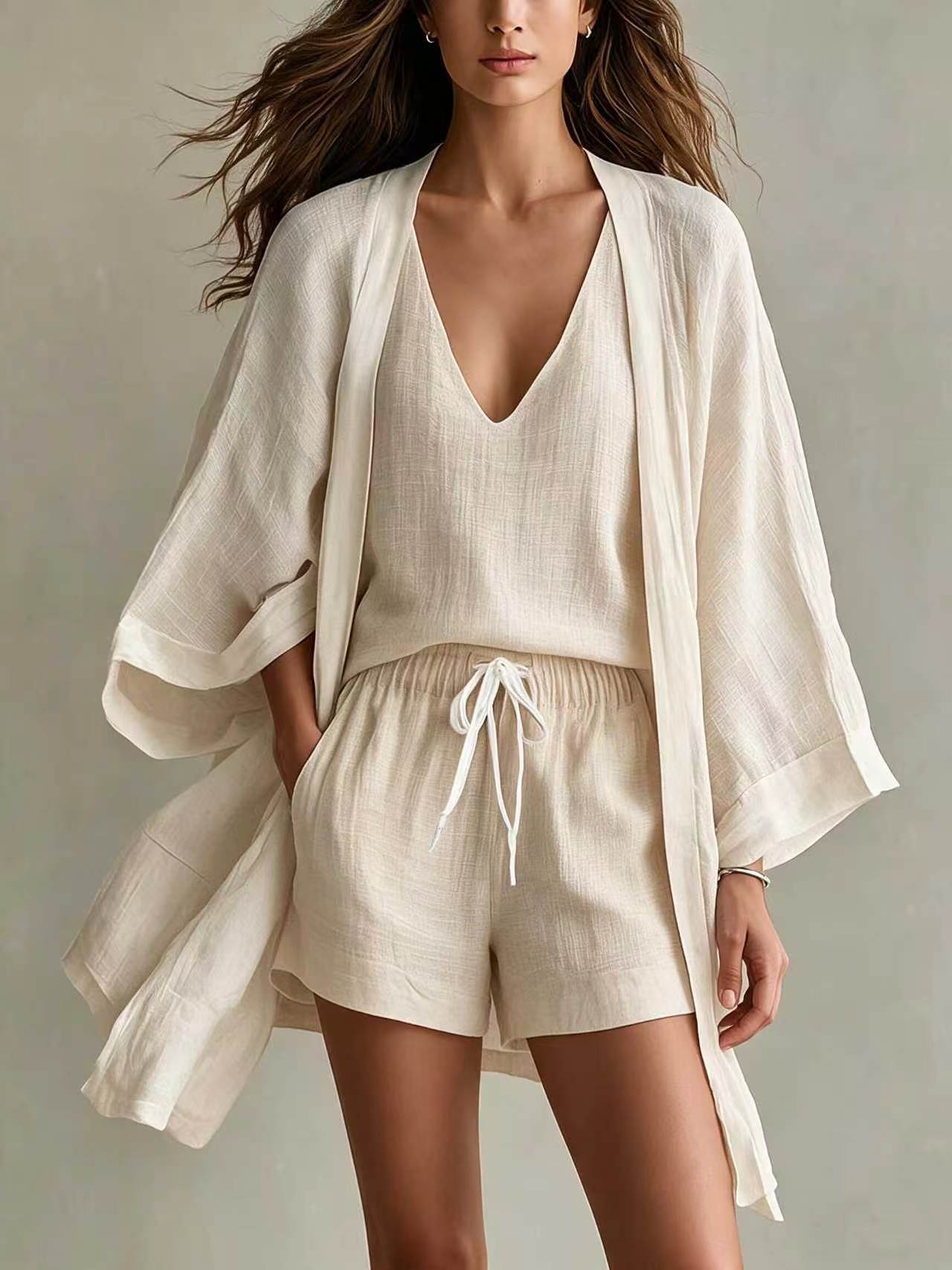 Women's Loose Mid-Length Open-Front Sleeveless Vest and Shorts 3-Piece Set