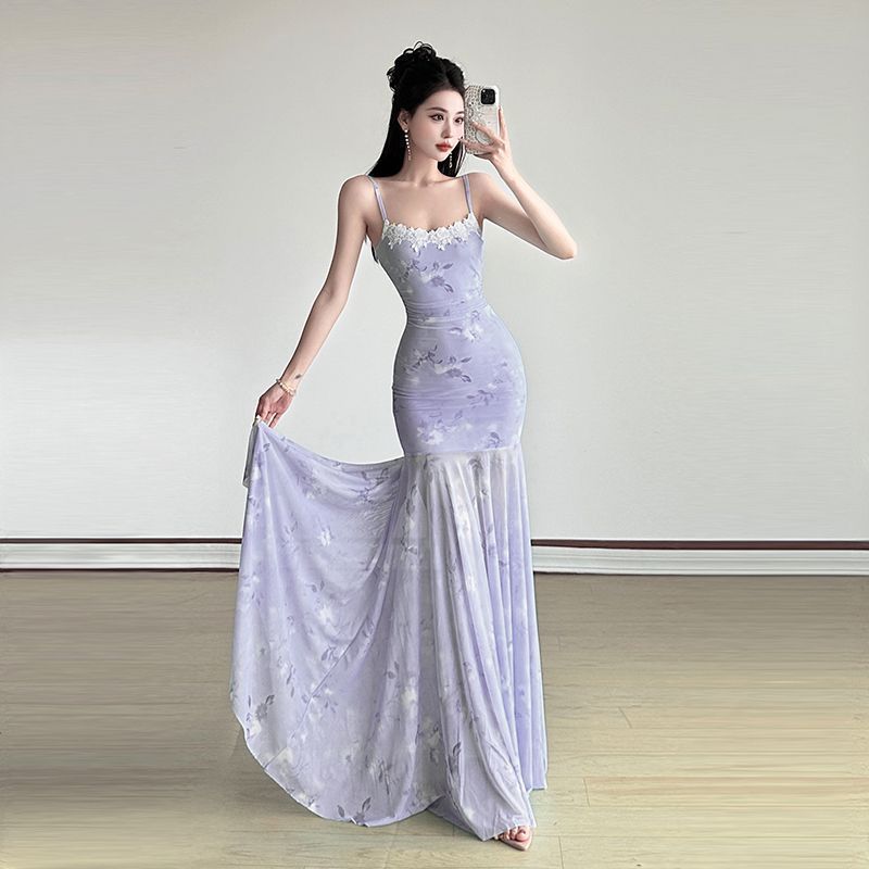 Lace Panel Cami Dress with Mesh Tie-Dye Floral Print and Mermaid Hem