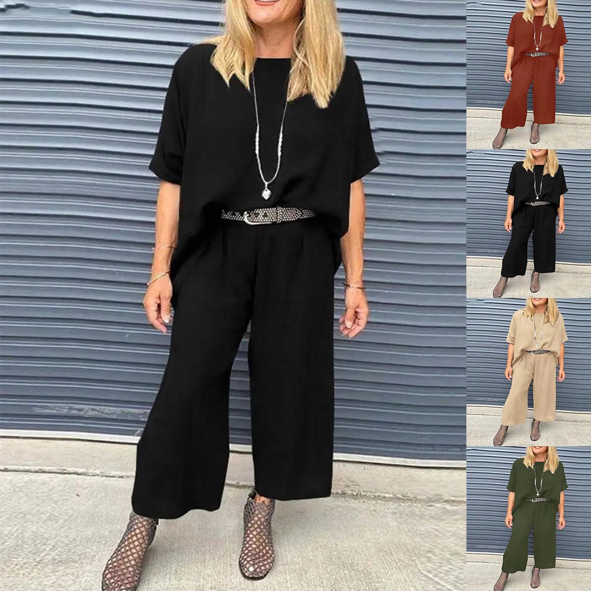 Women's Summer Casual Round Neck Half-Sleeve Top and Wide-Leg Pants Set