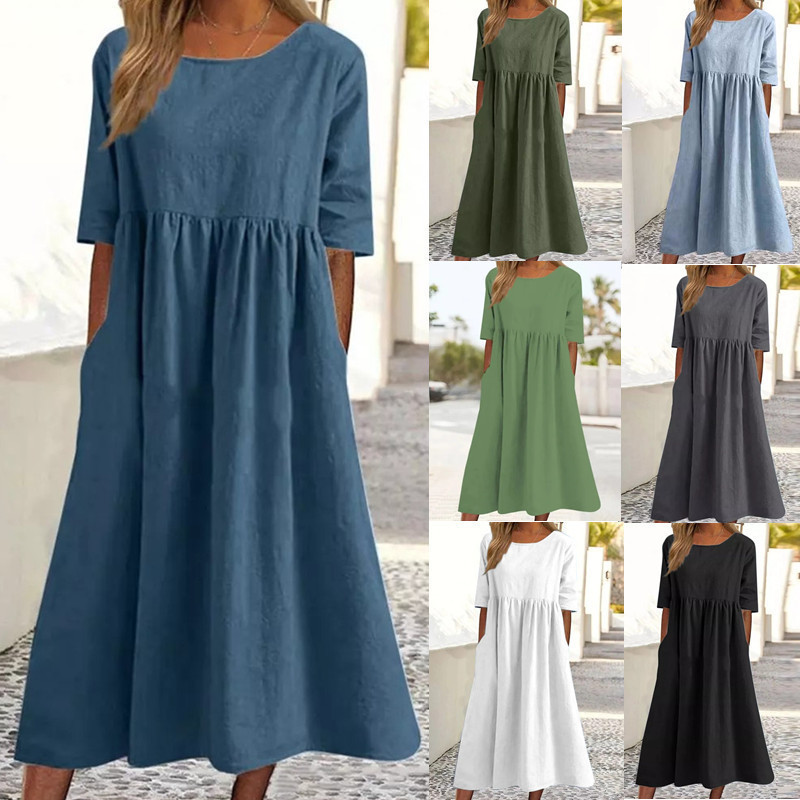 Cotton-Linen Short-Sleeve Pocket Pleated Loose Round-Neck Dress