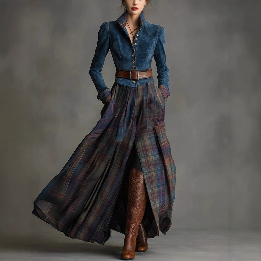 Green Faux Suede Paneled Striped Long Sleeve Maxi Dress