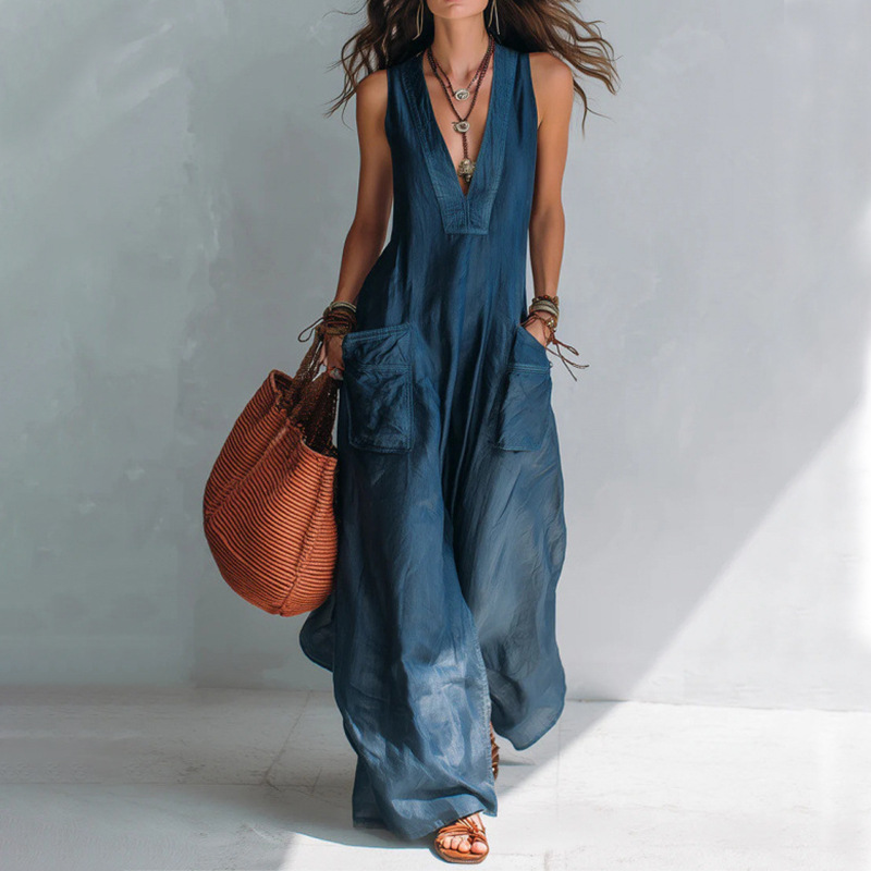 Women's Solid V-Neck Loose Wide-Leg Jumpsuit with Pockets