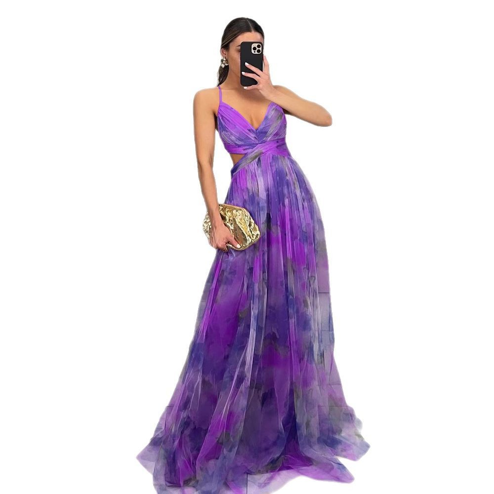 Women's Printed Mesh Cami Dress Sleeveless V-Neck Long Flowy Vacation Party Dress