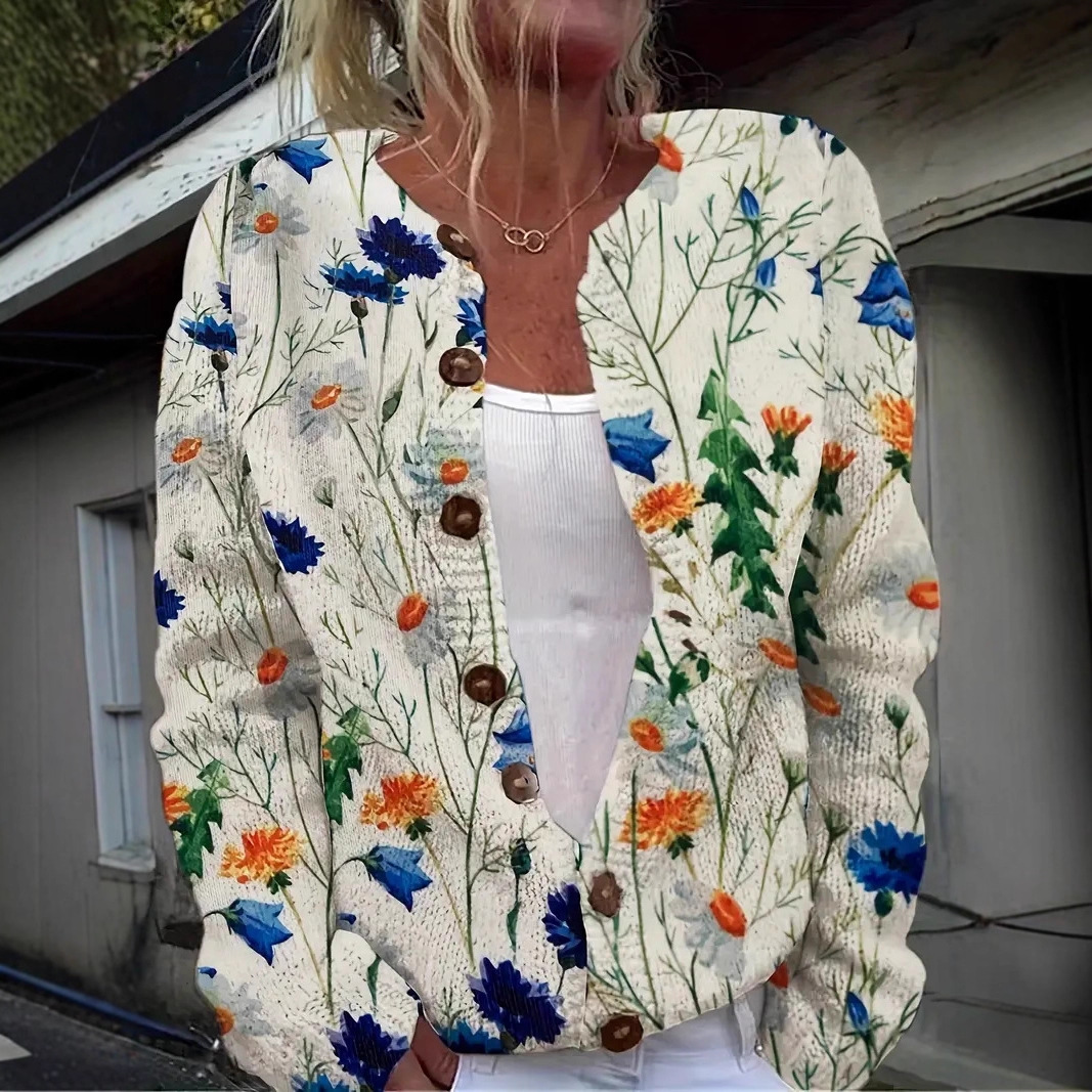 Women's Floral Print Long Sleeve Crew Neck Pullover Sweater
