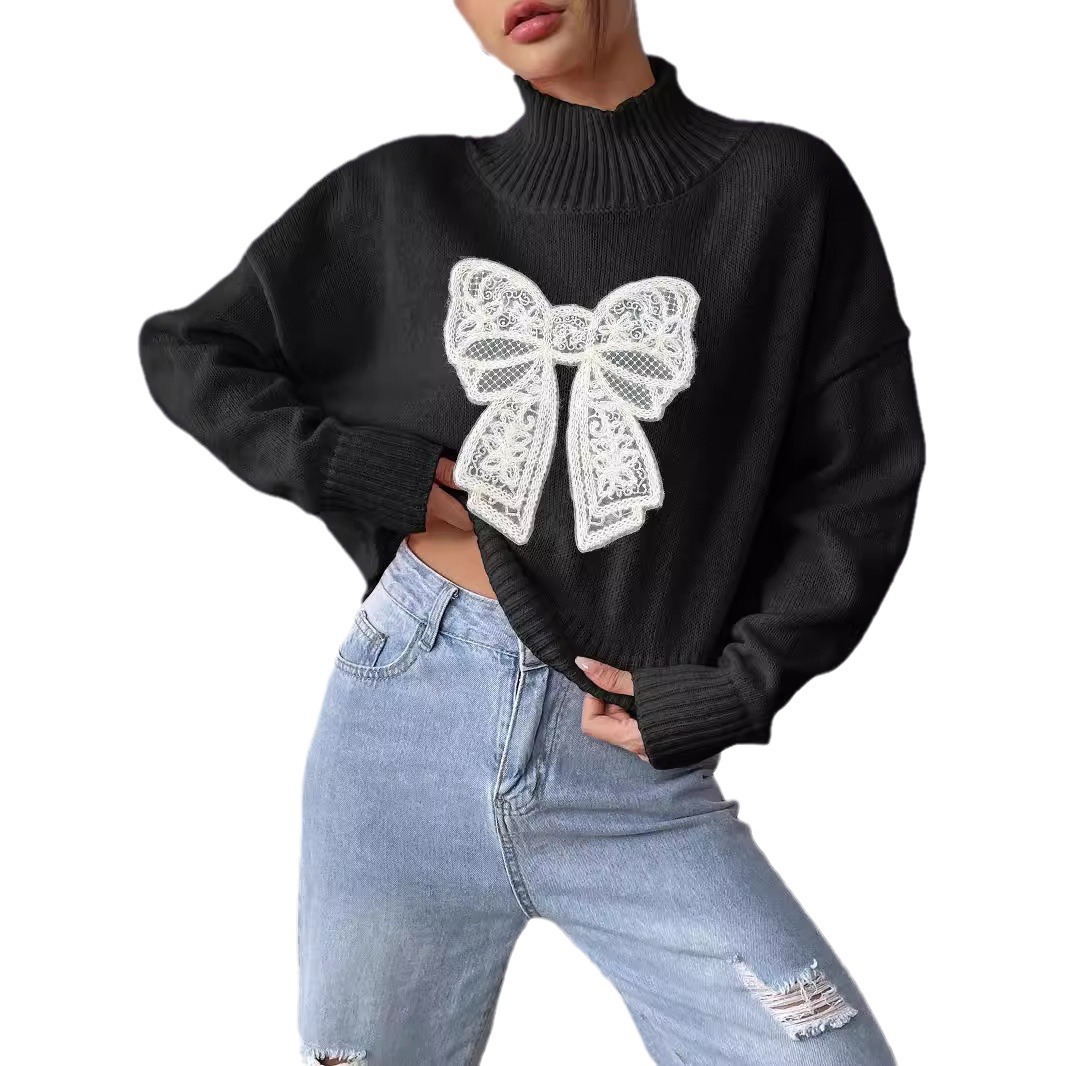 Bow Embroidered High Neck Pullover Sweater Applique Patchwork Short Top