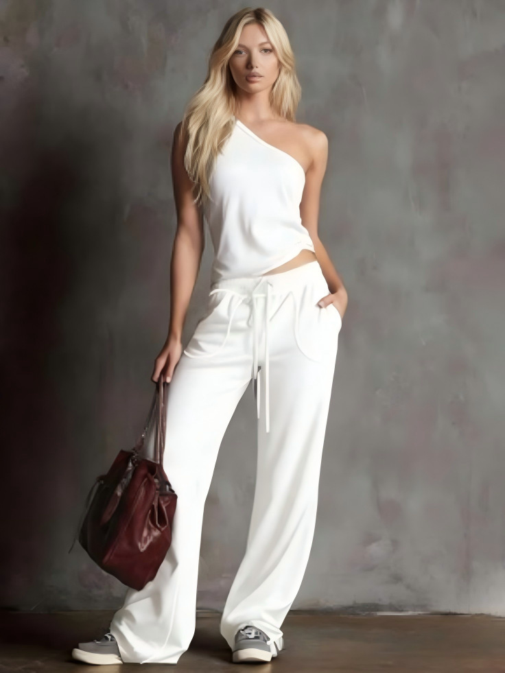 Women's Straight-Leg Wide-Leg Pants & One-Shoulder Top Two-Piece Set