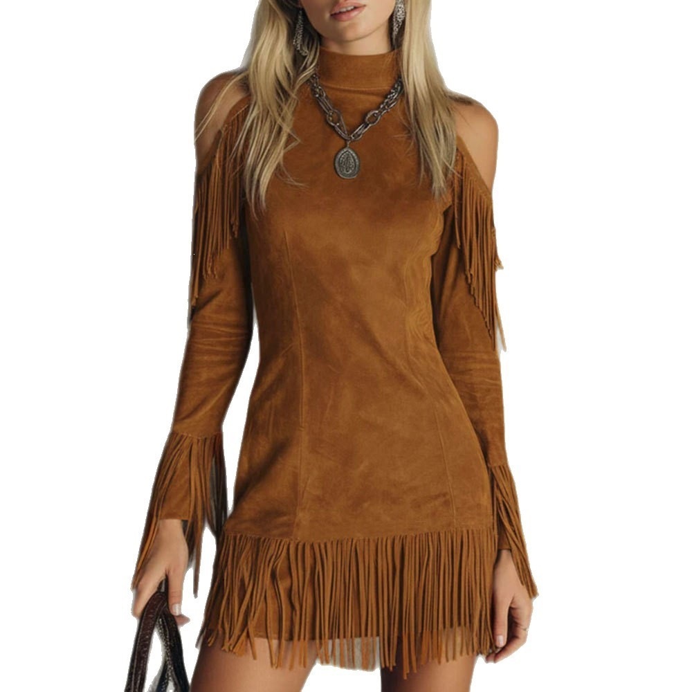 Faux Suede Off-Shoulder Fringe Western Midi Dress