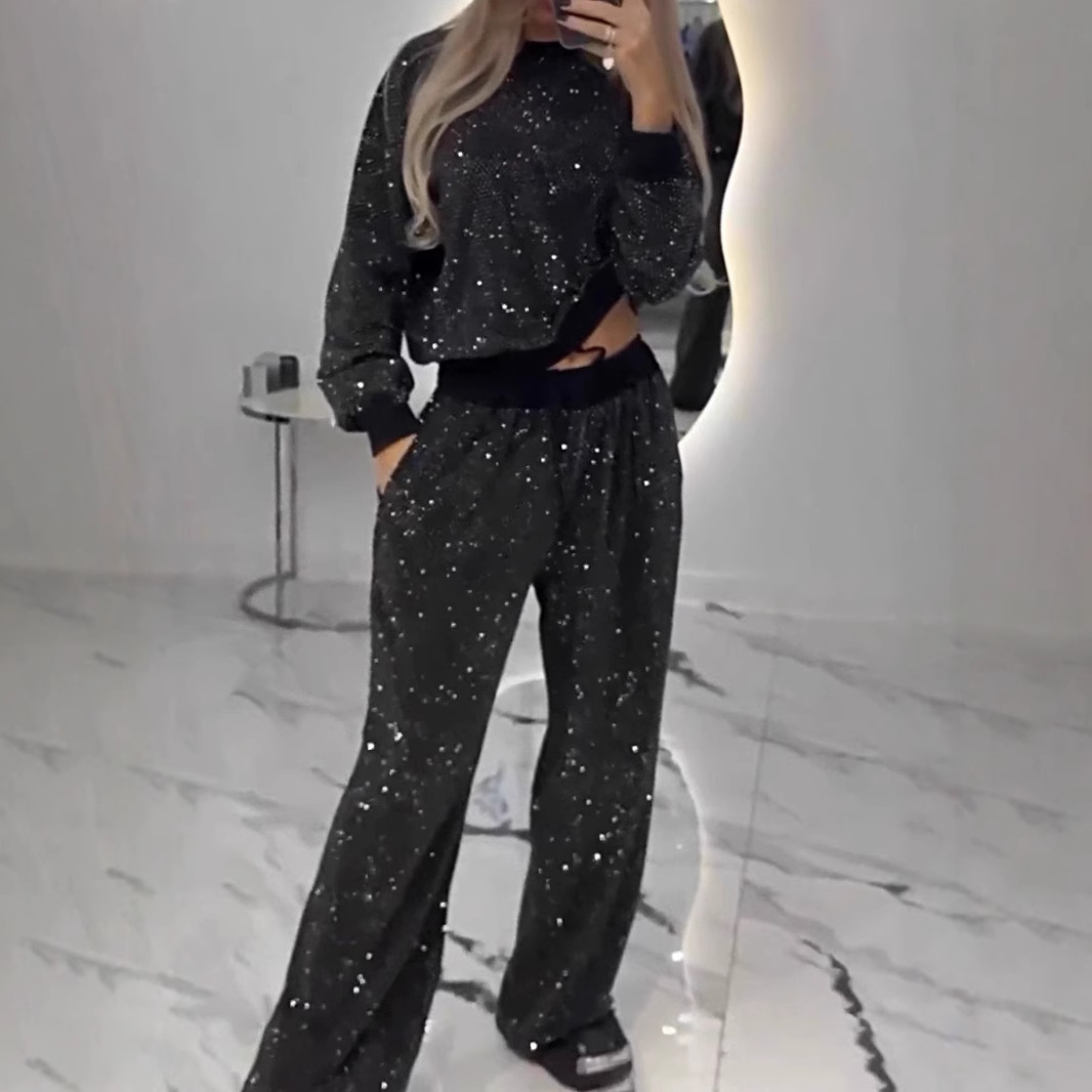 Women's Starry Print Long Sleeve Crewneck Loose Top & Drawstring Wide-Leg Two-Piece Set
