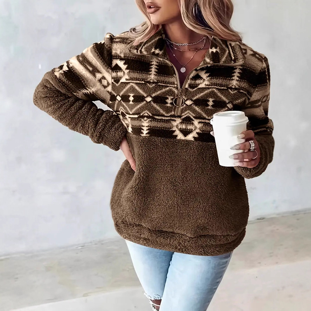 Geometric Print Long Sleeve Zip-Up Fleece-Lined Hoodie for Women