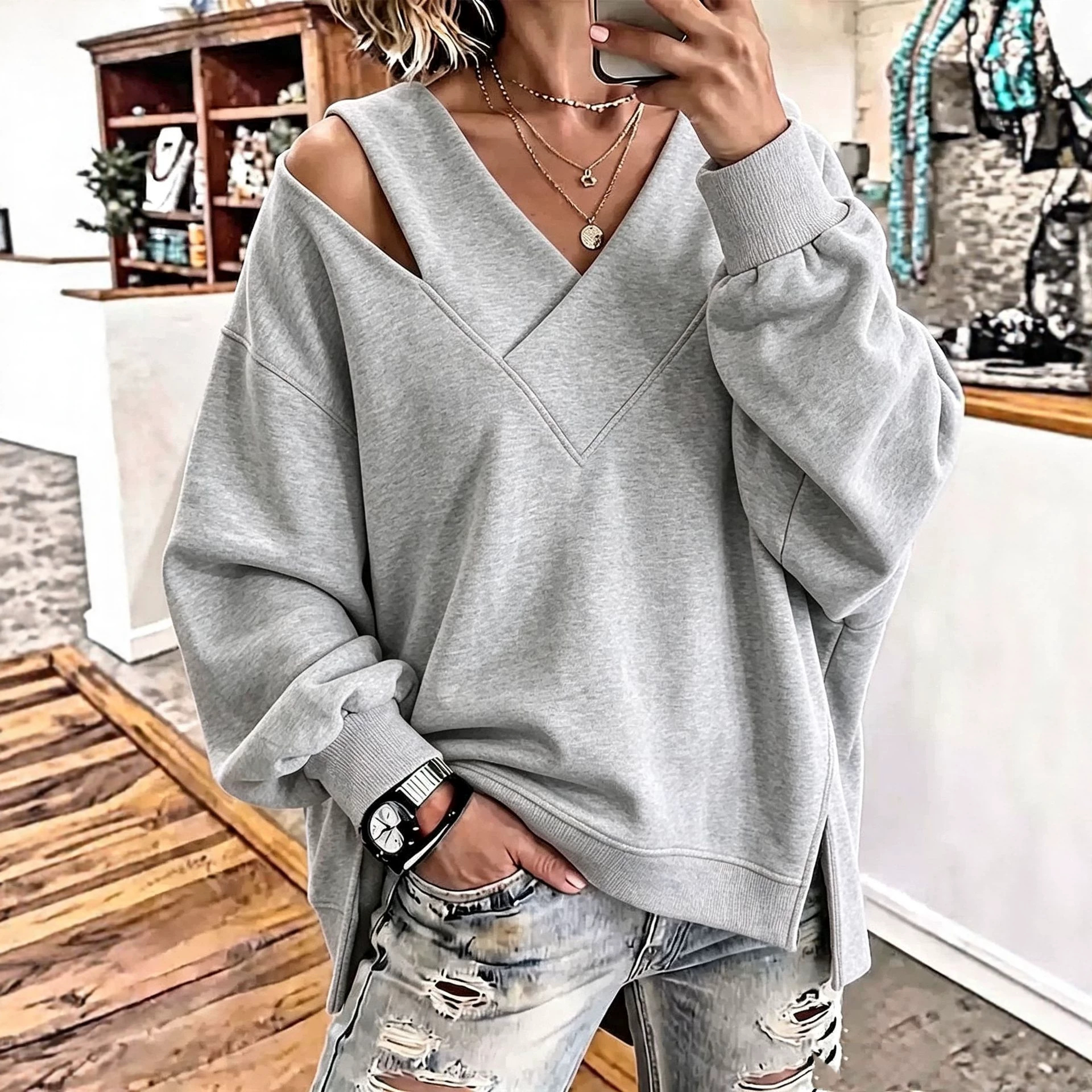 One-Shoulder V-Neck Loose Sweatshirt with Side Slit