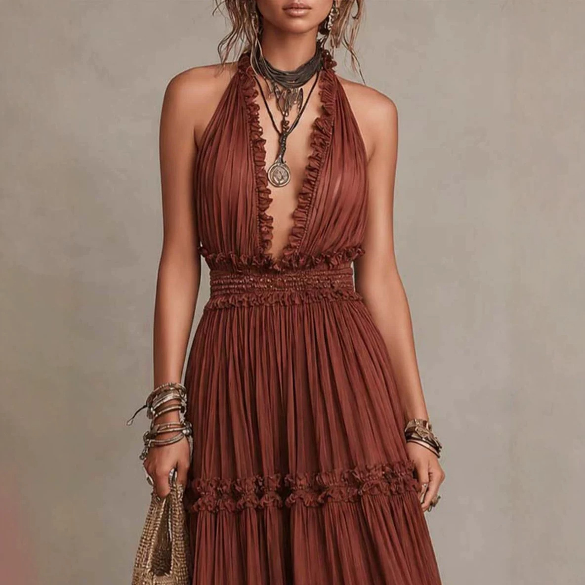 Lace V-Neck High-Waist Long Dress